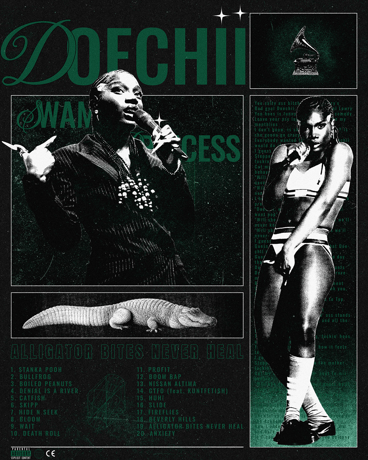 This picture shows a mockup design of the Doechii brutalism poster. The poster is designed by Sara Vukman and features a brutalism aesthetic.
