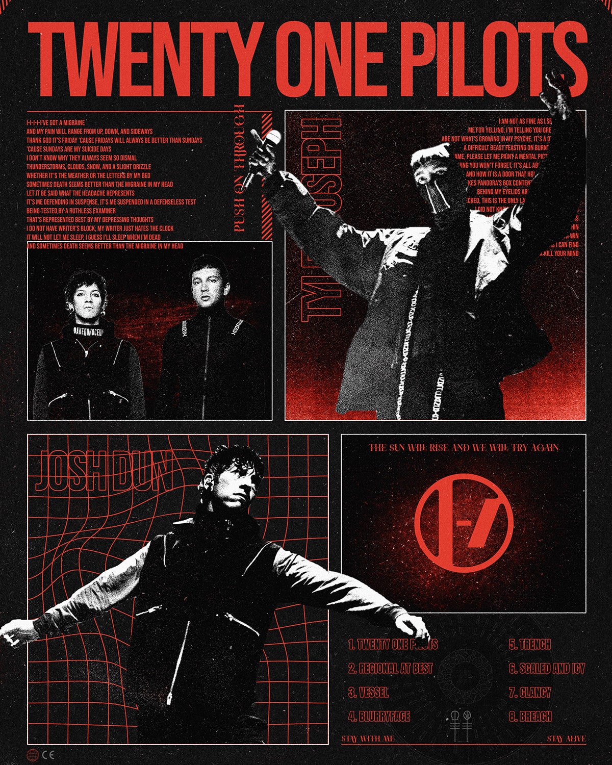This picture shows a mockup design of the Twenty One Pilots brutalism poster. The poster is designed by Sara Vukman and features a brutalism aesthetic.