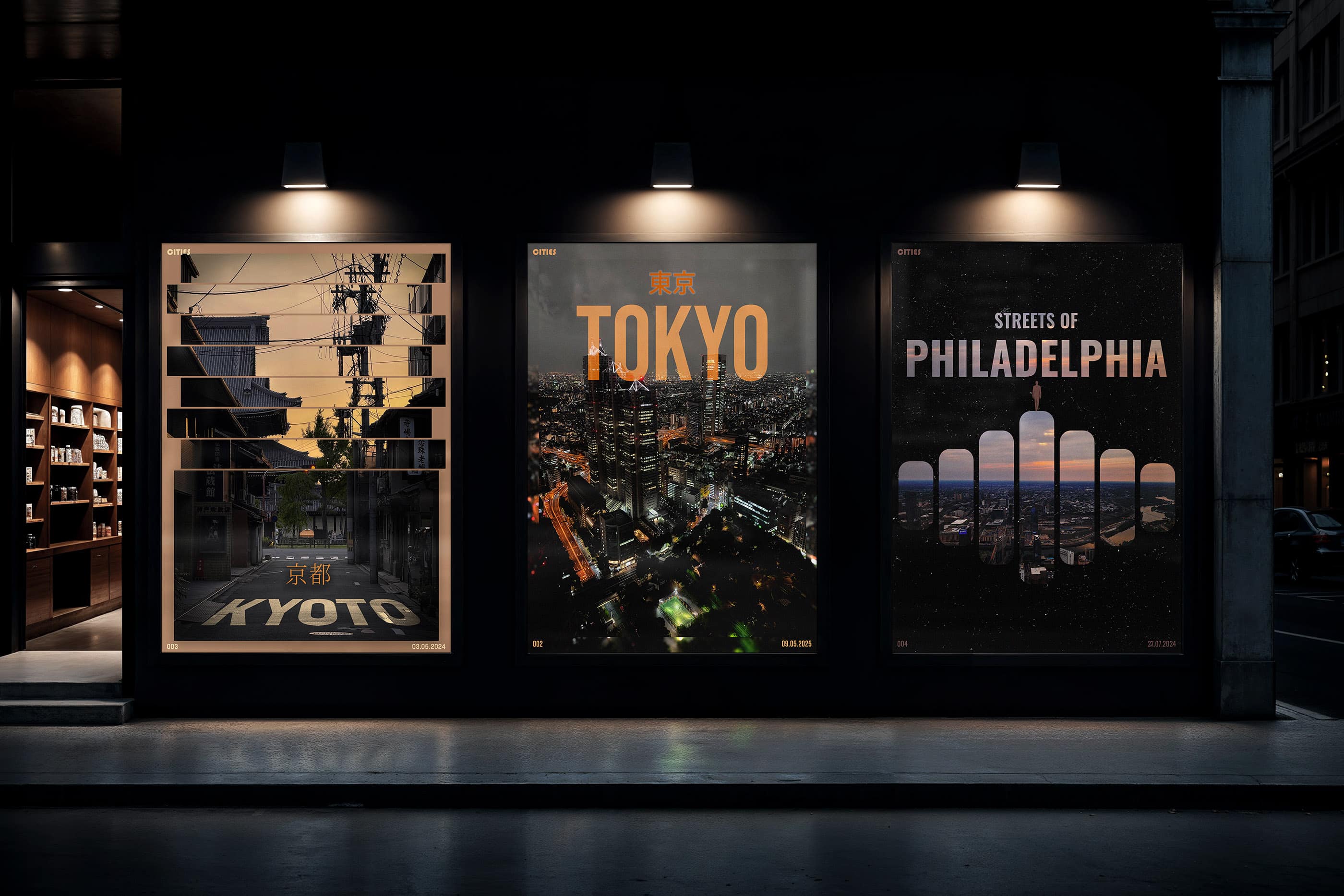This picture shows a mockup design of some of the city posters designs. The posters are designed by Sara Vukman and feature different cities with unique visual styles.