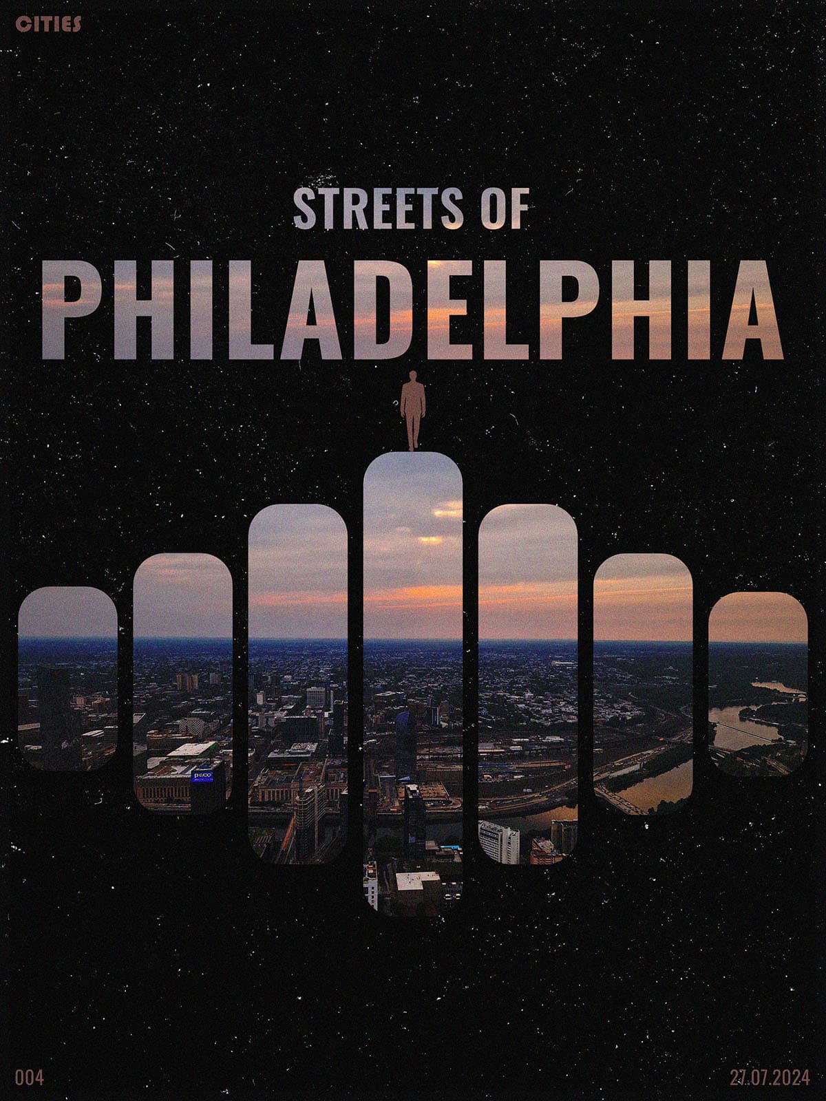 This picture shows a mockup design of the Philadelphia city poster. The poster is designed by Sara Vukman and features a photograph of the Philadelphia skyline with a unique visual style.