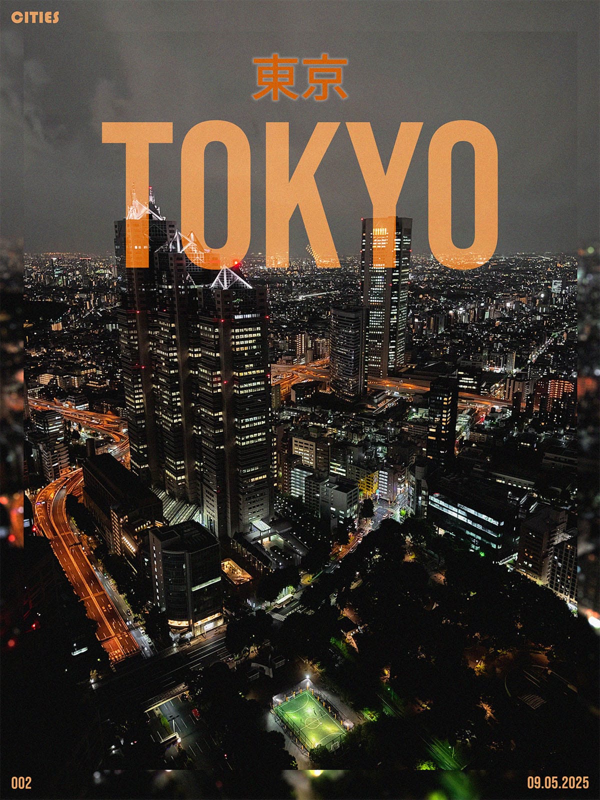 This picture shows a mockup design of the Tokyo city poster. The poster is designed by Sara Vukman and features a photograph of the Tokyo skyline with a unique visual style.