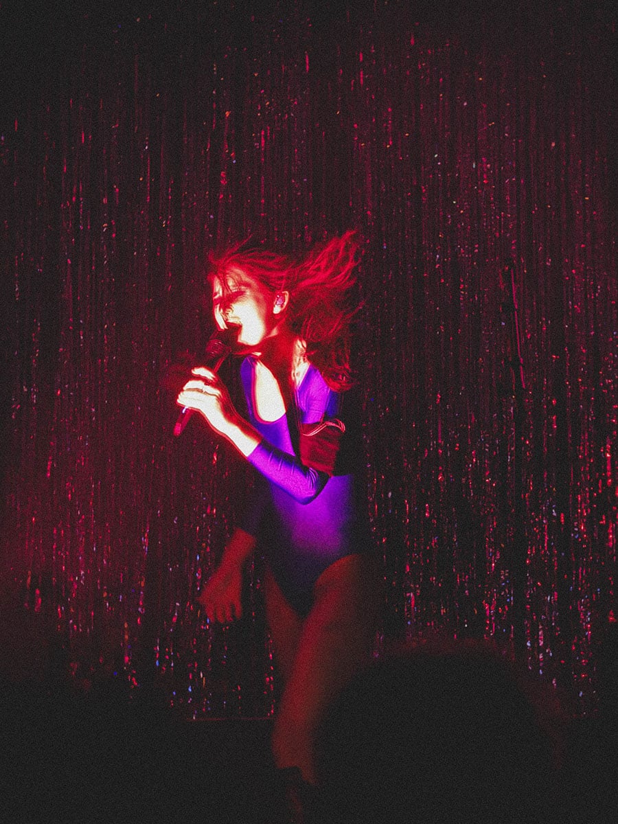 This picture shows a concert photo of the band Wolf Alice, taken by Sara Vukman. The photo features lead singer performing on stage, noise effect was added in editing.