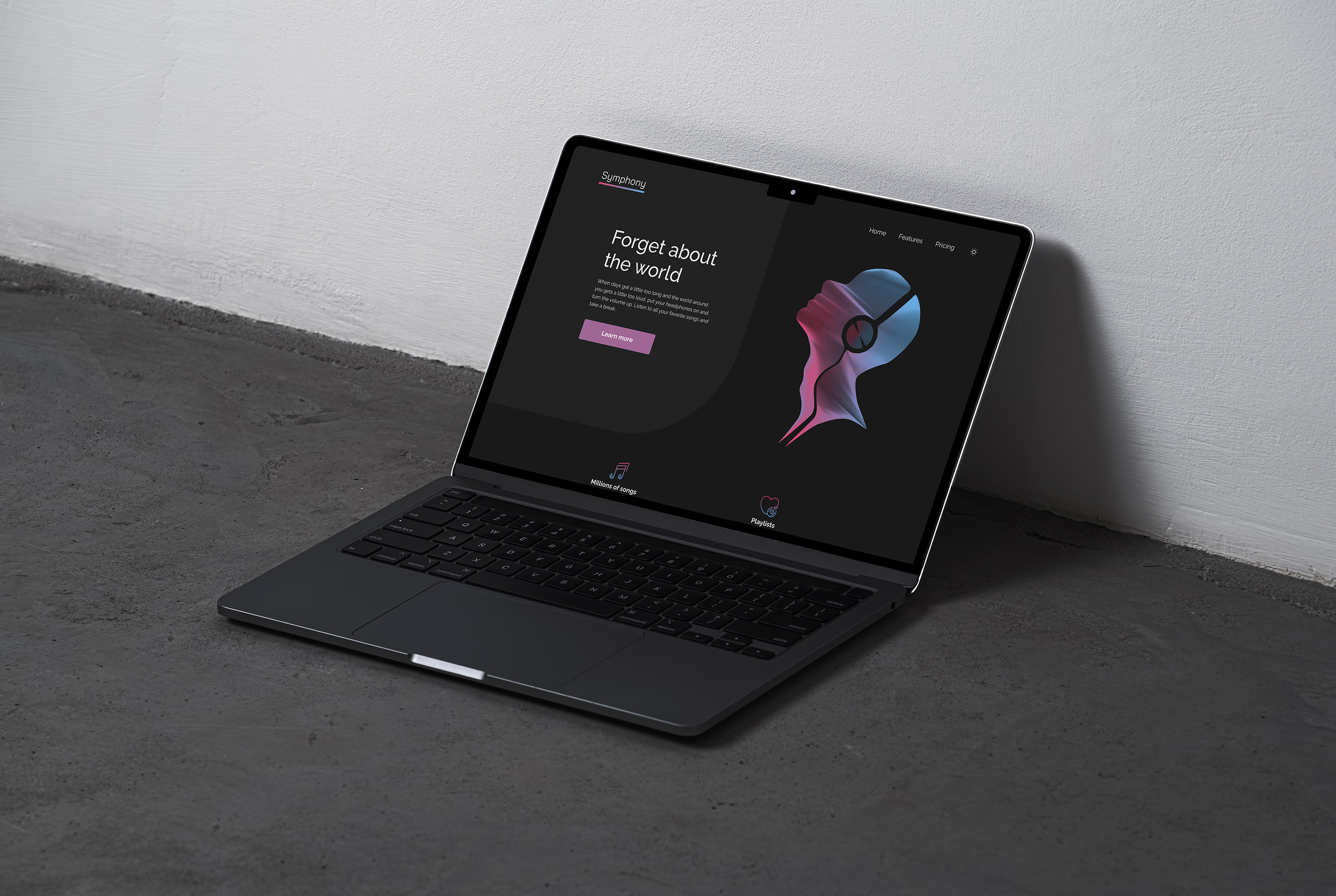 This picture shows a mockup design of the Symphony UI design project. The design is created by Sara Vukman and features a dark theme of the music streaming service website.