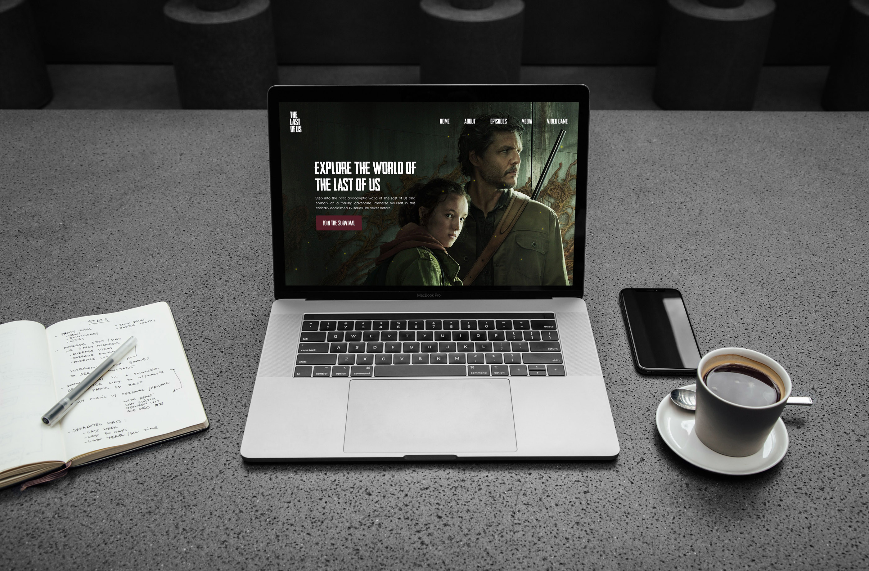 This picture shows a mockup design of The Last of Us UI design project. The design is created by Sara Vukman and features a hero section of the design.